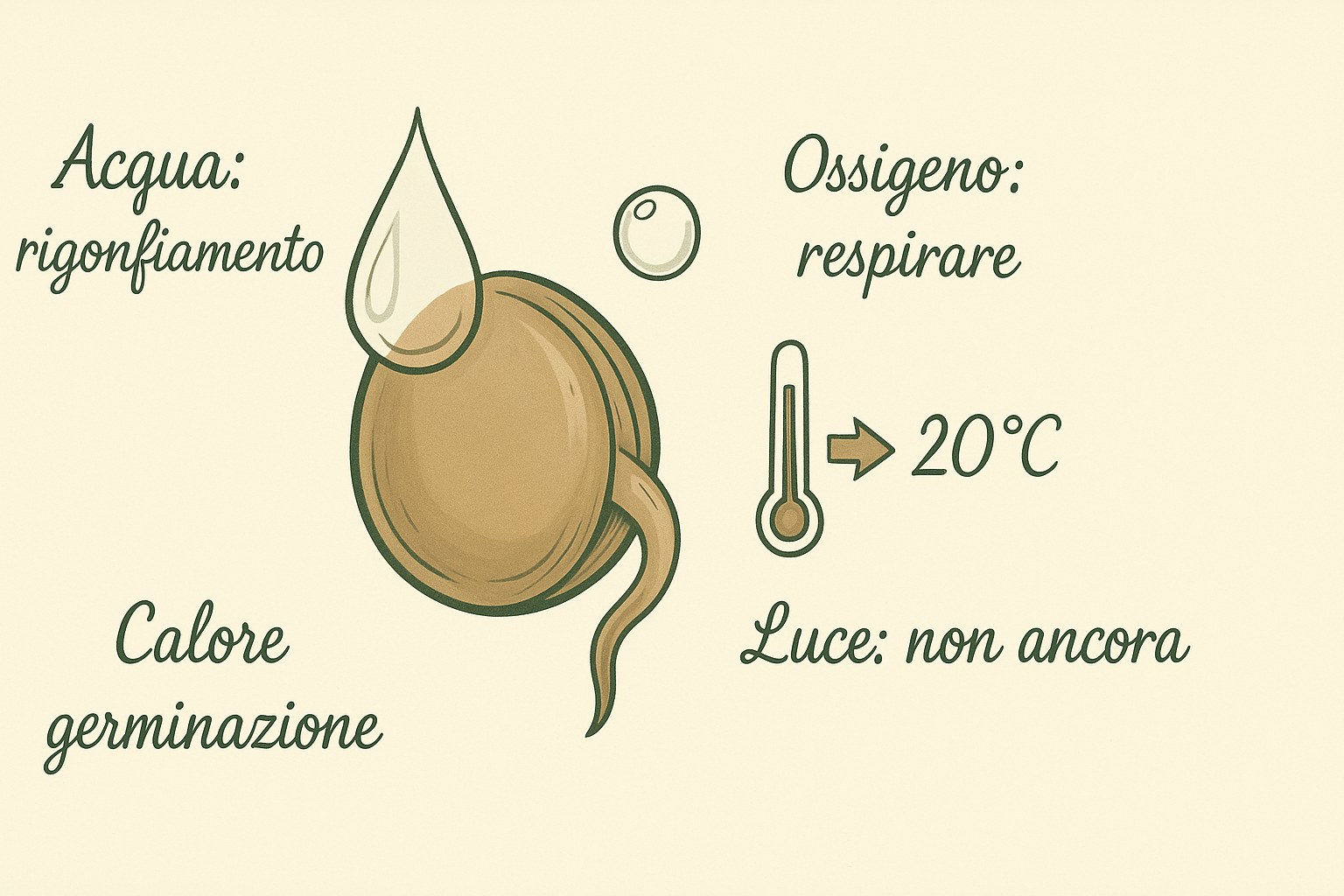Schema che spiega ciò di cui un seme ha bisogno per germinare, con acqua, ossigeno e calore, con etichette in italiano