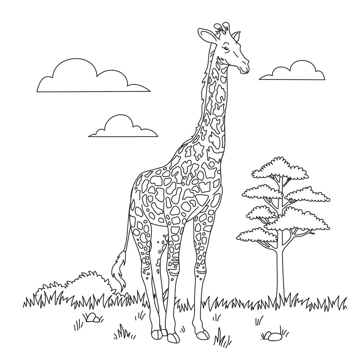 giraffe and acacia tree colouring page to print
