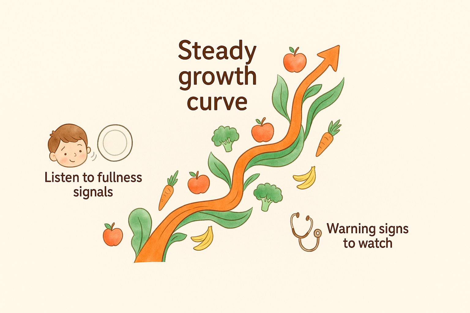 A child's growth curve tracking healthy nutrition, surrounded by fruits and vegetables