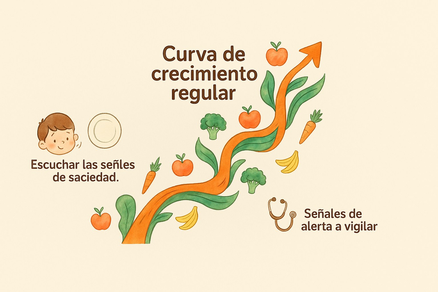Curva de crecimiento de un niño que controla una nutrición sana, rodeada de frutas y verduras