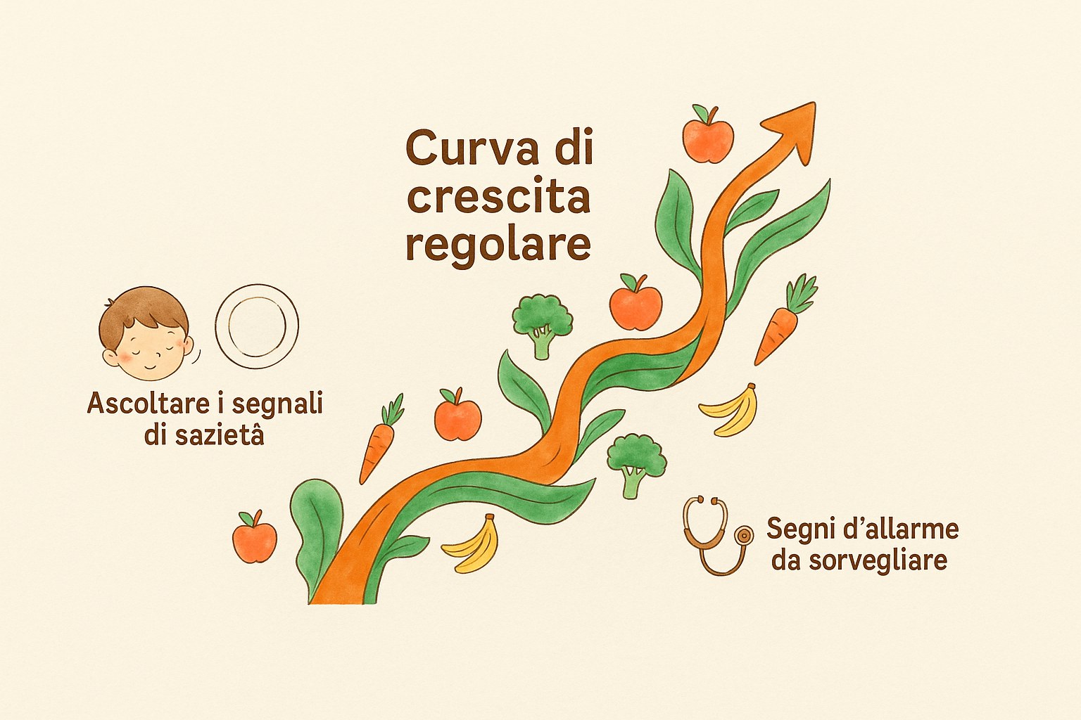 Curva di crescita di un bambino che monitora un'alimentazione sana, circondata da frutta e verdura
