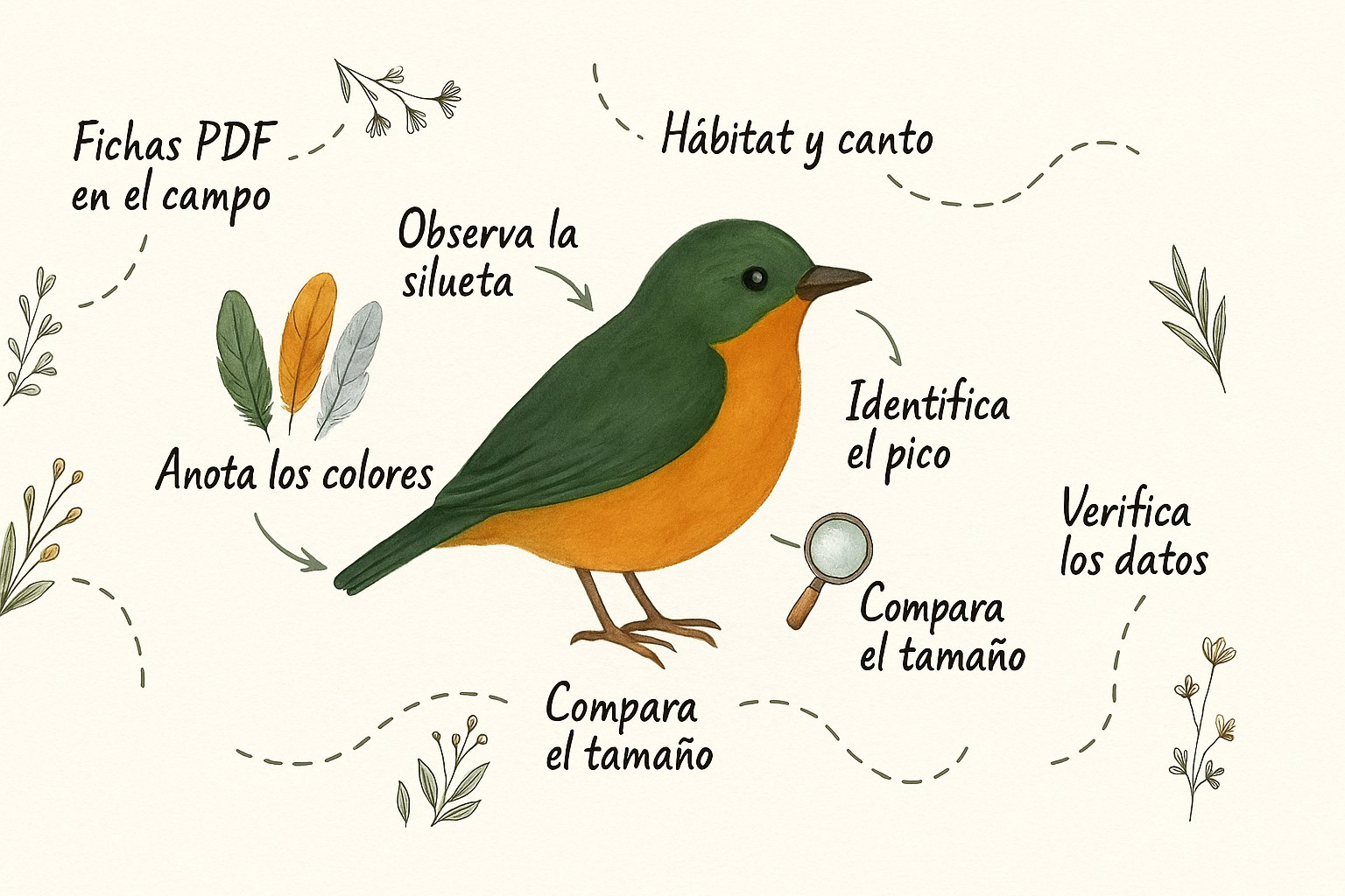 Niño observando las aves del jardín con una guía de identificación
