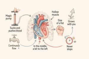 Fun diagram of how a child's heart works, showing the chambers and the flow of blood