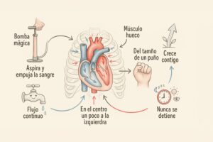 Esquema divertido del funcionamiento del corazón para niños que muestra las cavidades y la circulación de la sangre