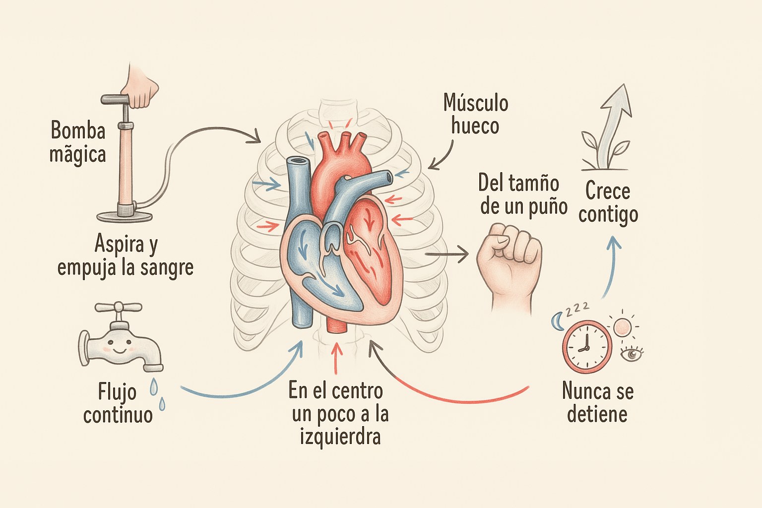 Esquema divertido del funcionamiento del corazón para niños que muestra las cavidades y la circulación de la sangre