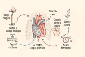 Schema divertente del funzionamento del cuore per bambini con le cavità e la circolazione del sangue