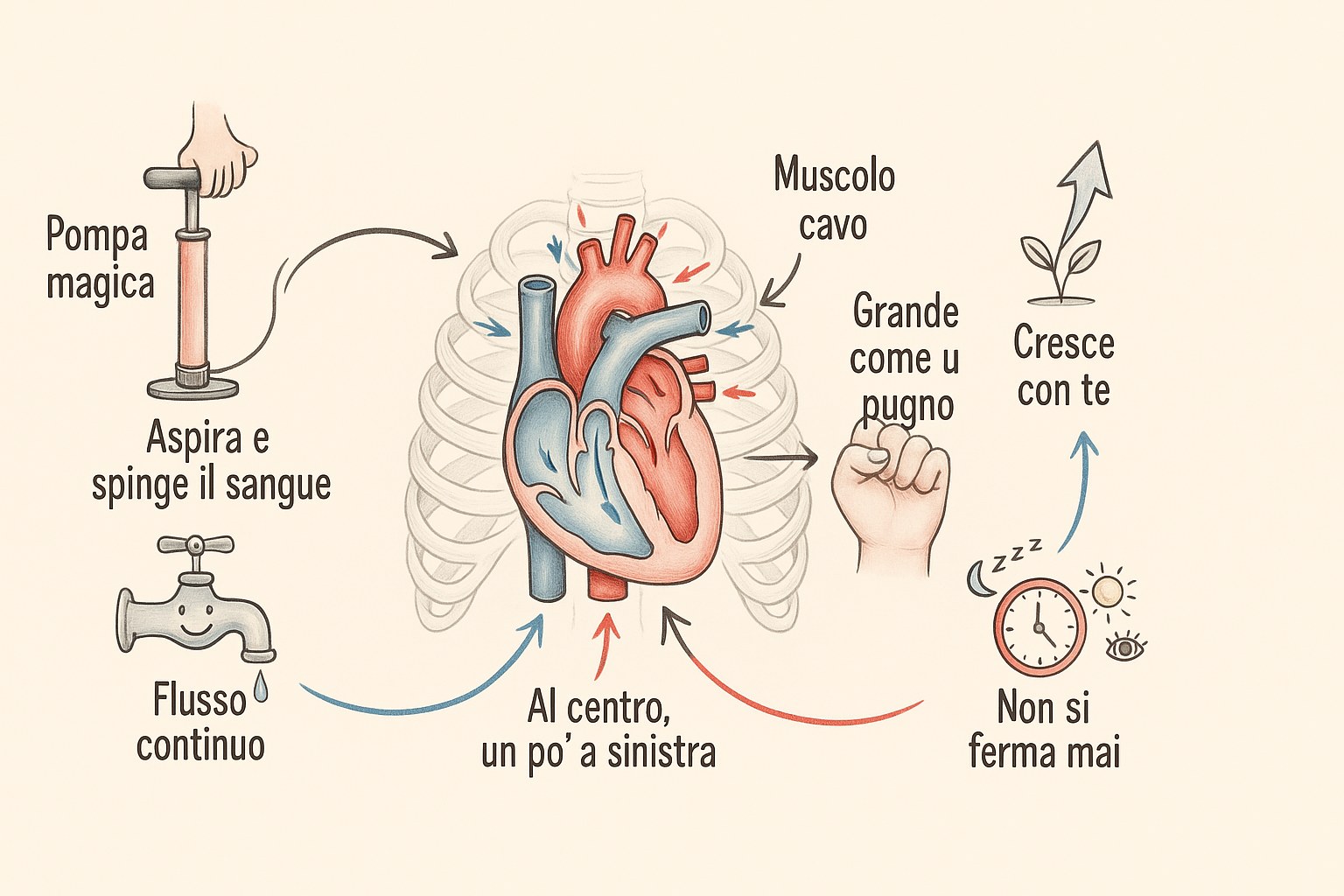 Schema divertente del funzionamento del cuore per bambini con le cavità e la circolazione del sangue