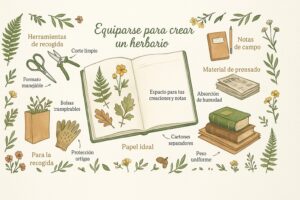 Material necesario para crear un herbario con un niño, con cuaderno, tijeras y plantas secas
