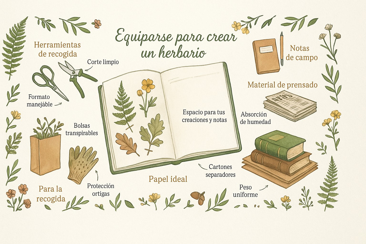 Material necesario para crear un herbario con un niño, con cuaderno, tijeras y plantas secas
