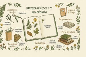 Materiale necessario per creare un erbario con un bambino, con quaderno, forbici e piante essiccate