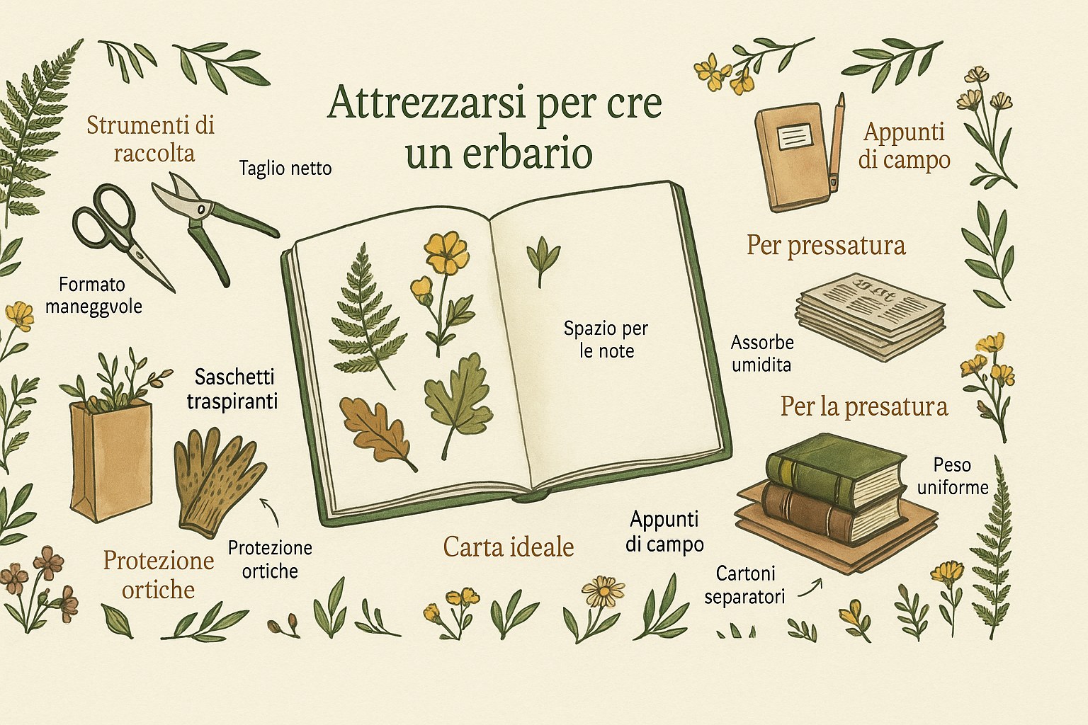 Materiale necessario per creare un erbario con un bambino, con quaderno, forbici e piante essiccate