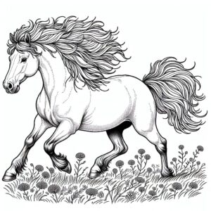horse galloping in a meadow with mane flowing in the wind colouring page to print