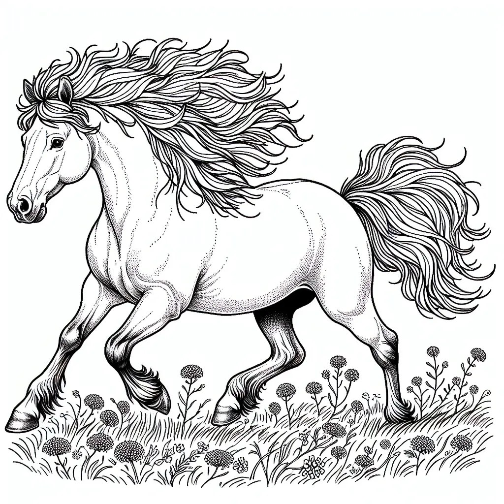 horse galloping in a meadow with mane flowing in the wind colouring page to print