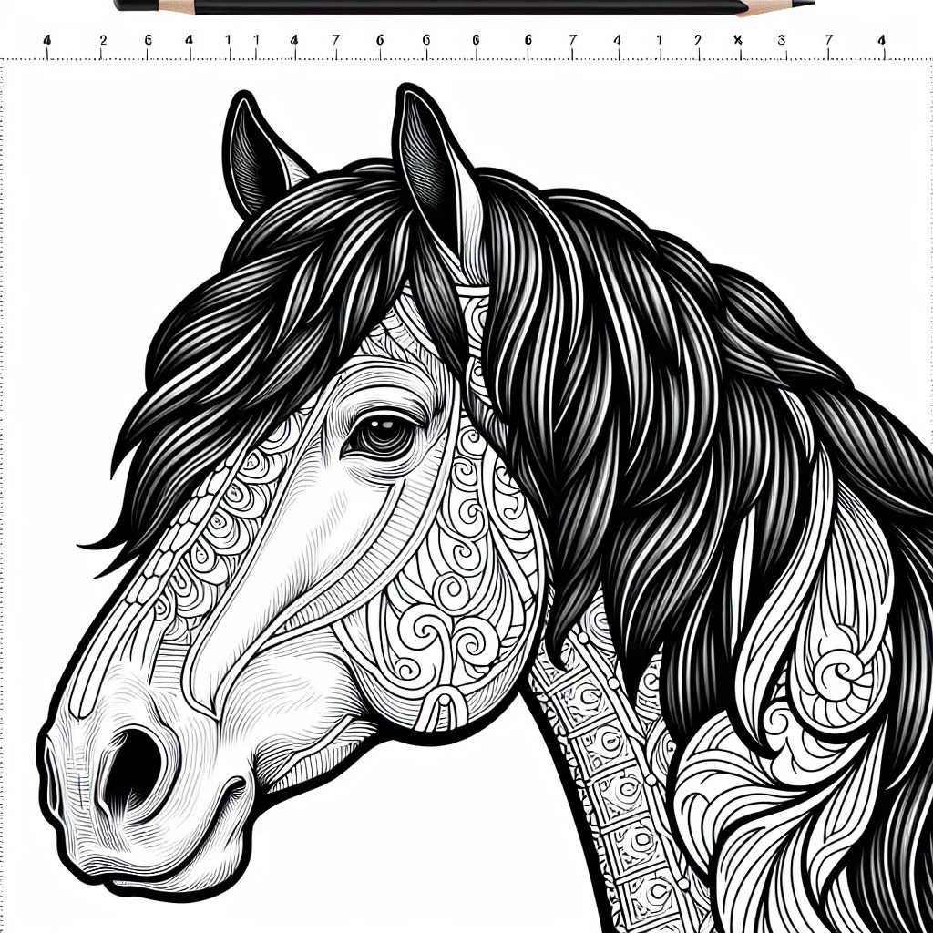 horse head portrait with detailed mane colouring page to print