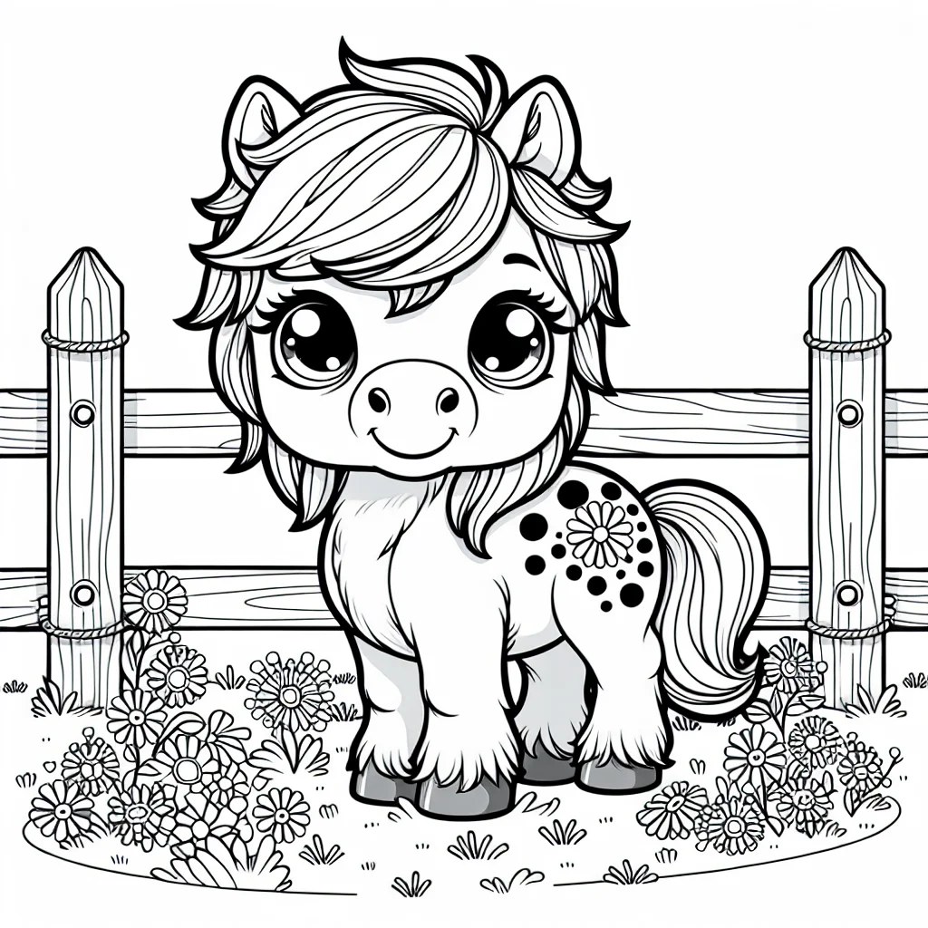 cute little pony in a meadow with a fence colouring page to print