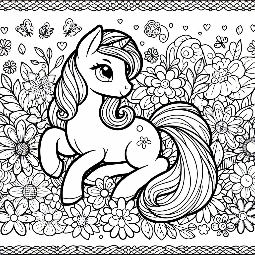 pony surrounded by spring flowers colouring page to print