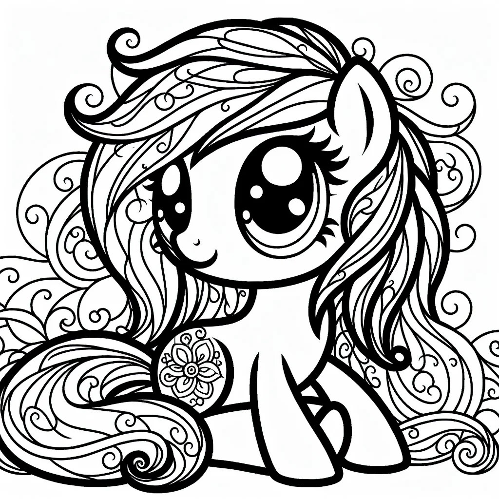 kawaii pony with big eyes in a cute style colouring page to print