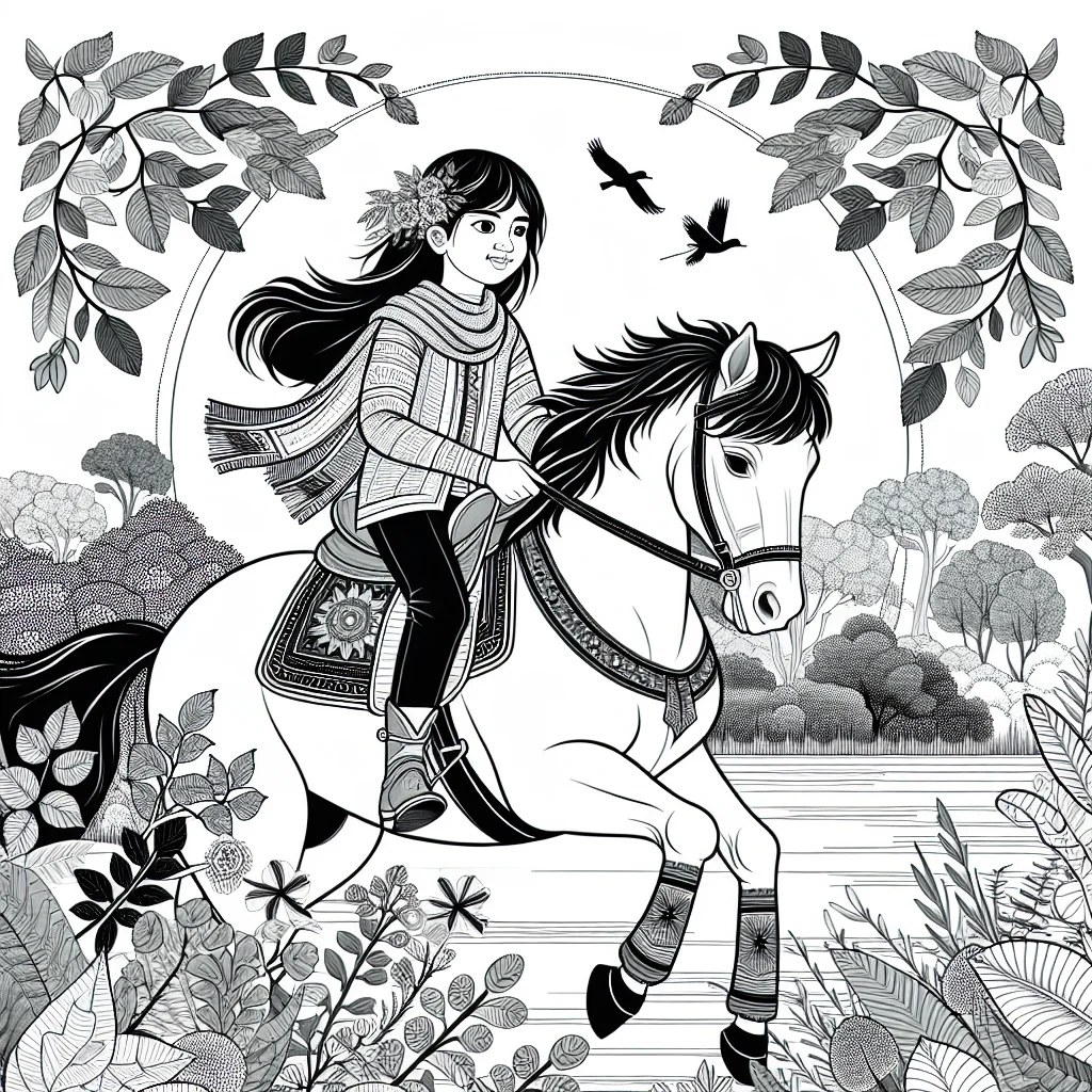 young girl horseback riding in nature colouring page to print