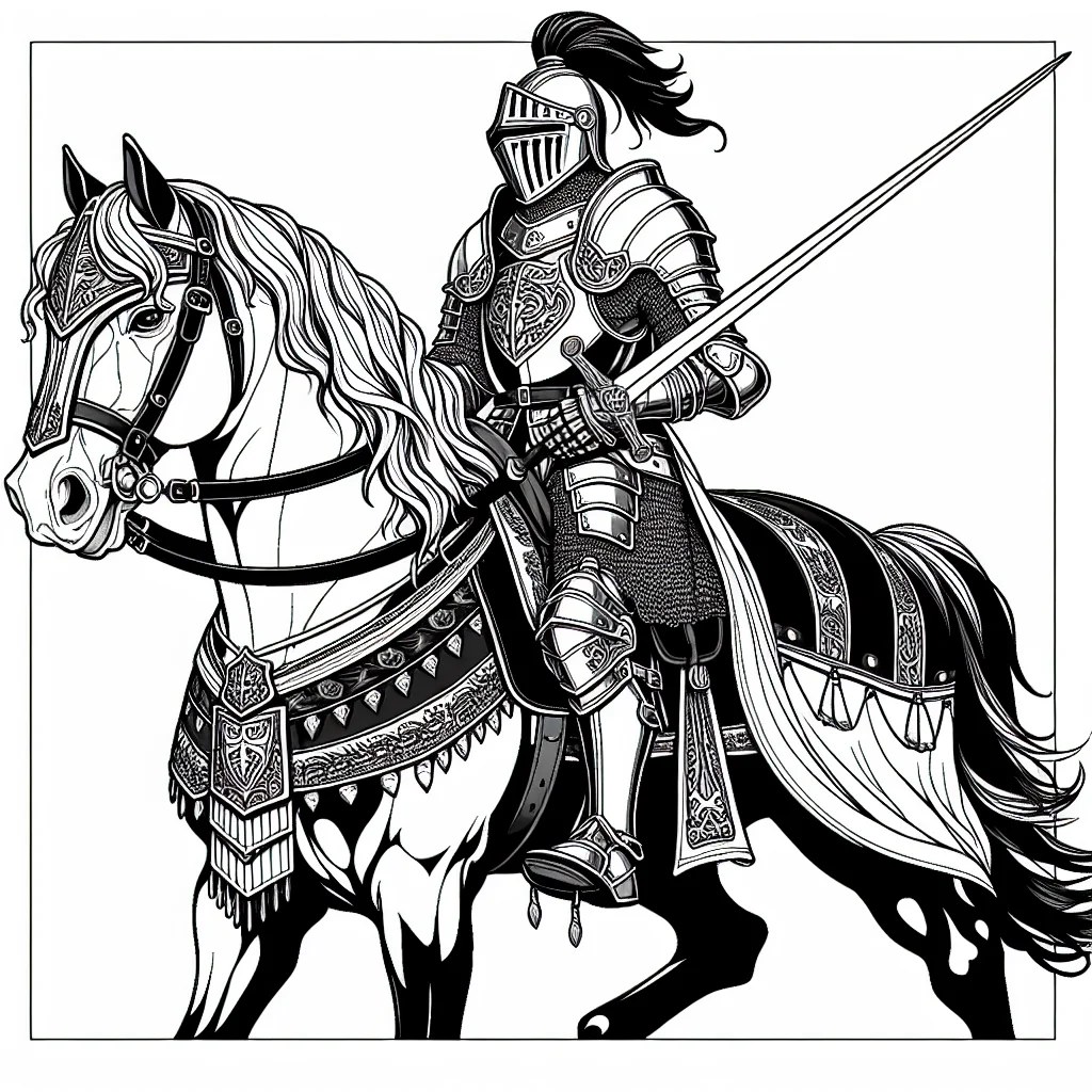 knight in armour on a warhorse medieval style colouring page to print