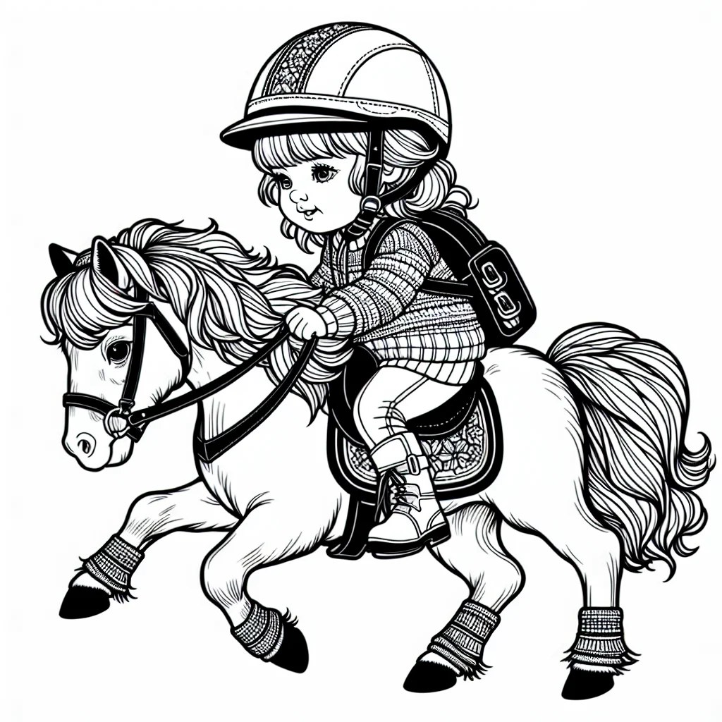 child on a pony ride wearing a helmet colouring page to print