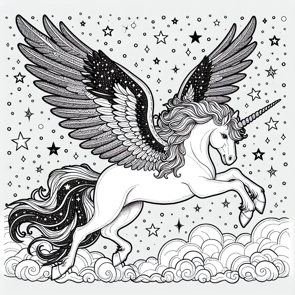 majestic winged unicorn with horn and wings in a starry sky colouring page to print