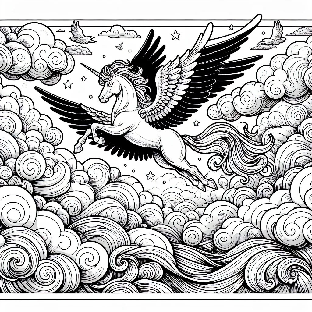 mythical pegasus flying above the clouds colouring page to print