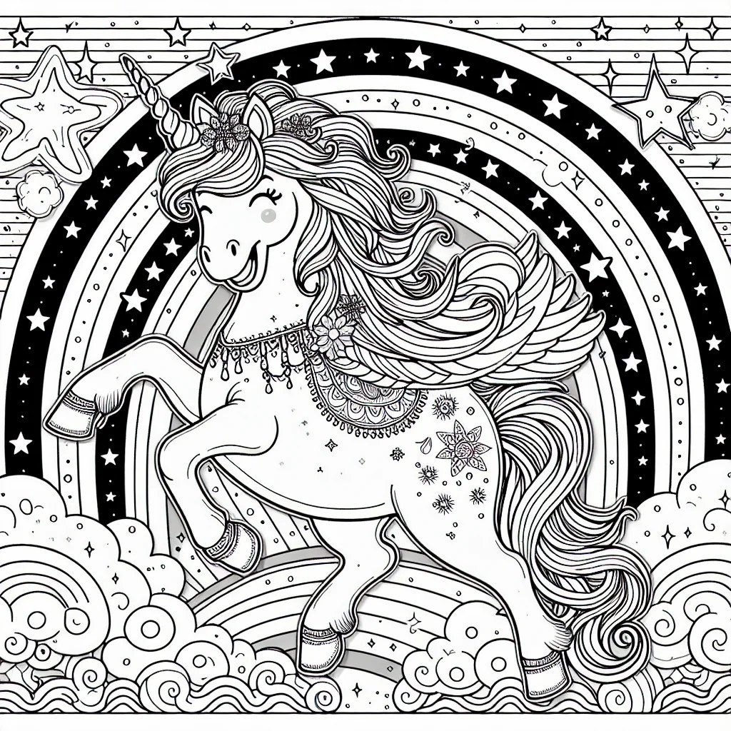 joyful unicorn with a rainbow and stars colouring page to print