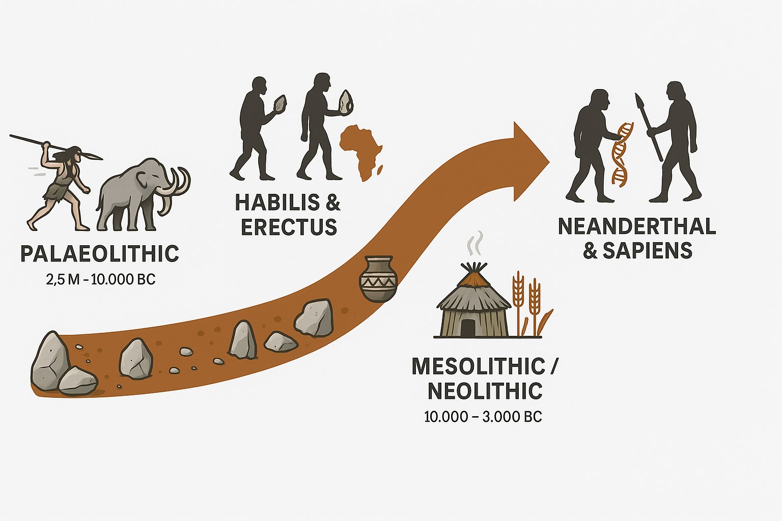 Timeline showing the evolution of human species through prehistory