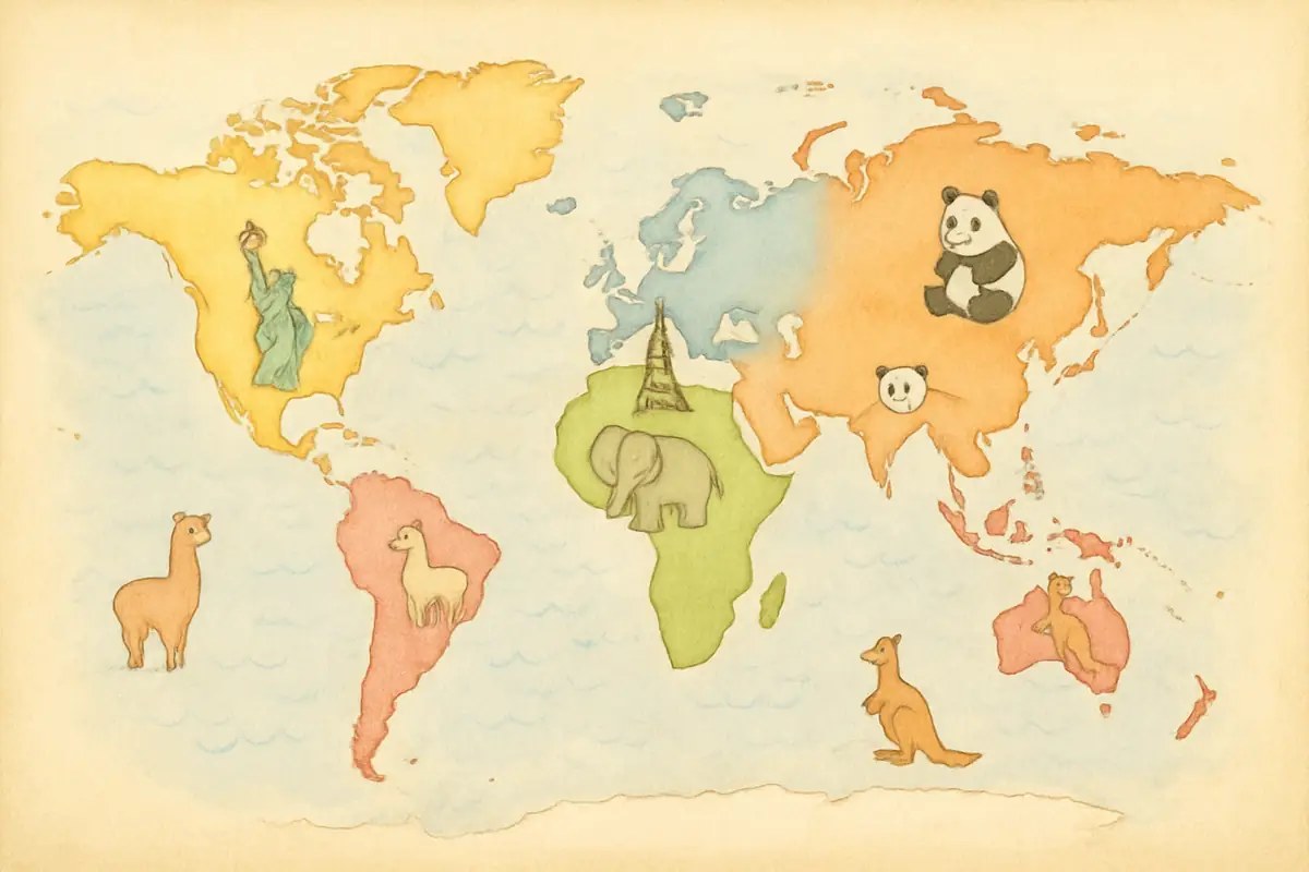 Watercolour illustrated world map with animals and famous landmarks from each continent