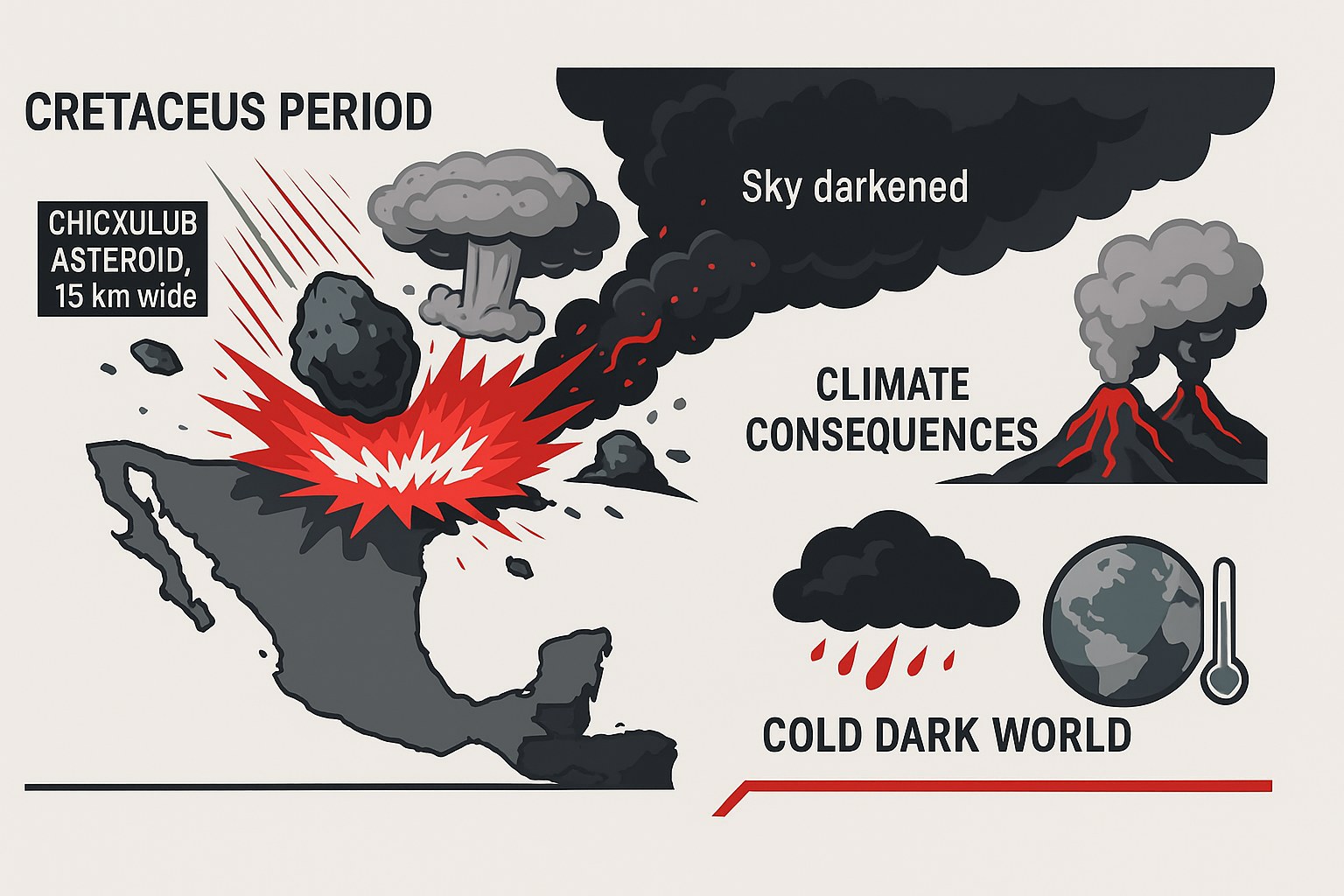 Infographic of the Chicxulub asteroid impact at the end of the Cretaceous showing the explosion, the dark sky and a cold dark world, labelled in English