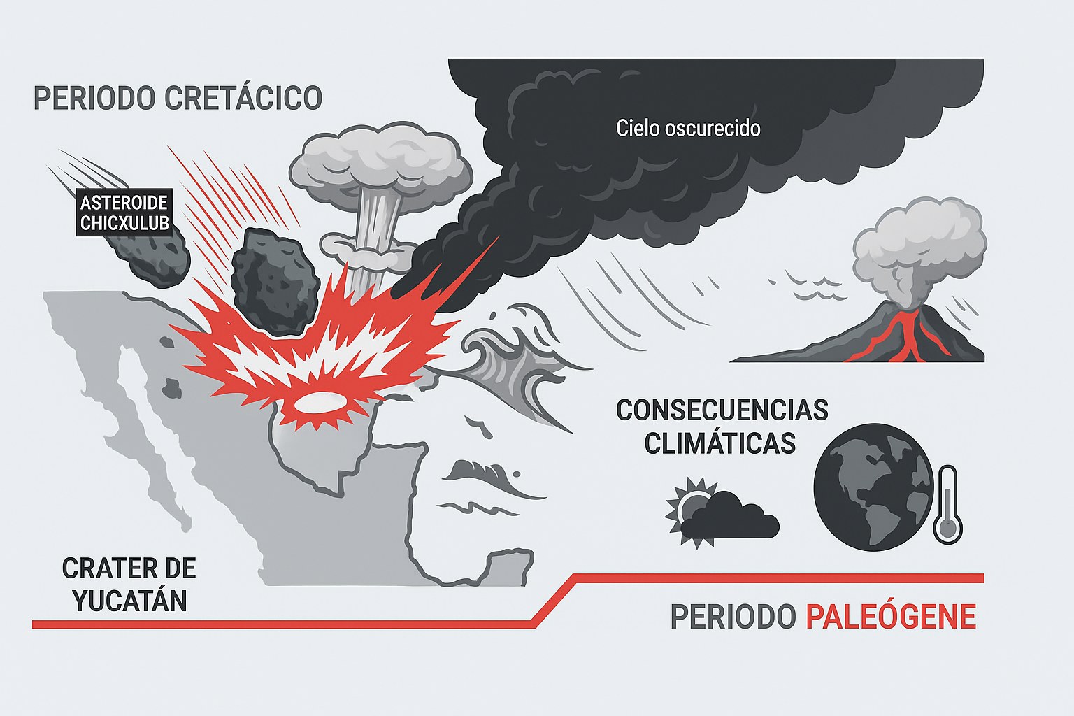 Infografía del impacto del asteroide de Chicxulub al final del Cretácico que muestra la explosión, el cielo oscurecido y un mundo frío y oscuro, con etiquetas en español