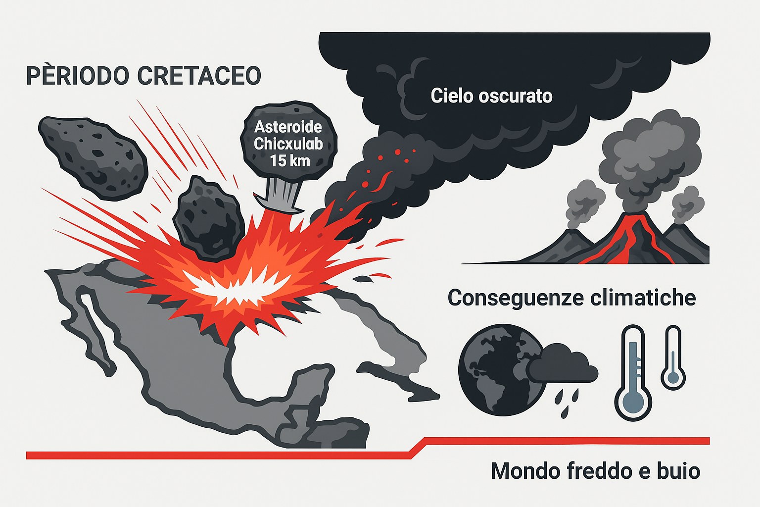 Infografica dell'impatto dell'asteroide di Chicxulub alla fine del Cretaceo che mostra l'esplosione, il cielo oscurato e un mondo freddo e buio, con etichette in italiano
