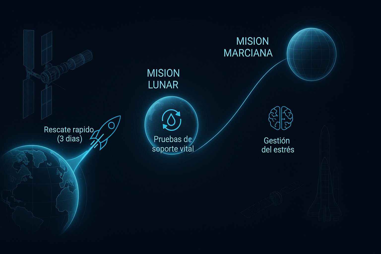 Infografía que compara las etapas de las misiones lunares y marcianas