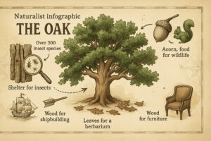 Naturalist infographic of the oak: over 300 insect species, acorns for wildlife, wood for shipbuilding and furniture