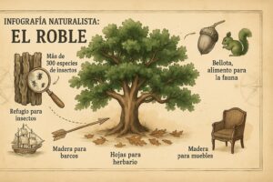 Infografia naturalista del roble: mas de 300 especies de insectos, bellotas para la fauna, madera para barcos y muebles