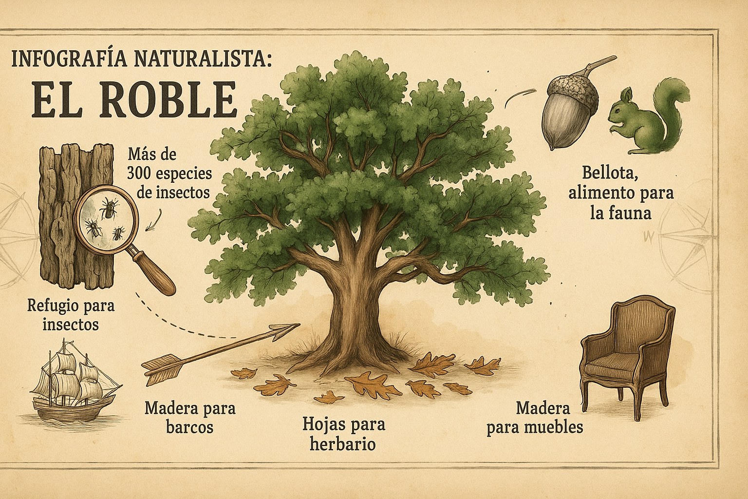 Infografia naturalista del roble: mas de 300 especies de insectos, bellotas para la fauna, madera para barcos y muebles