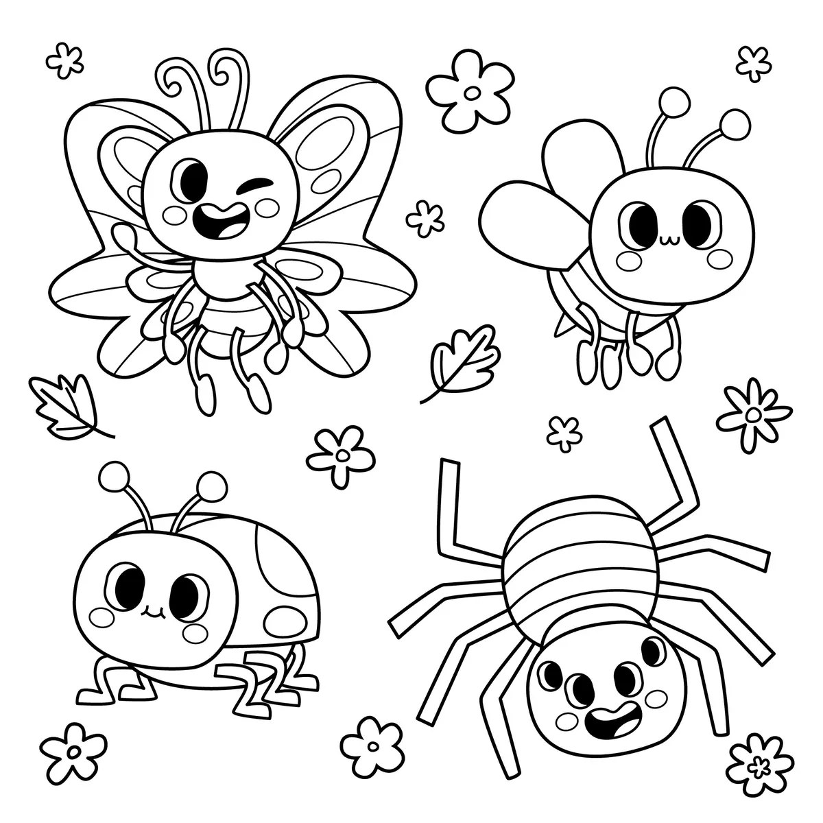 Lámina de insectos kawaii mariposa abeja mariquita araña para imprimir