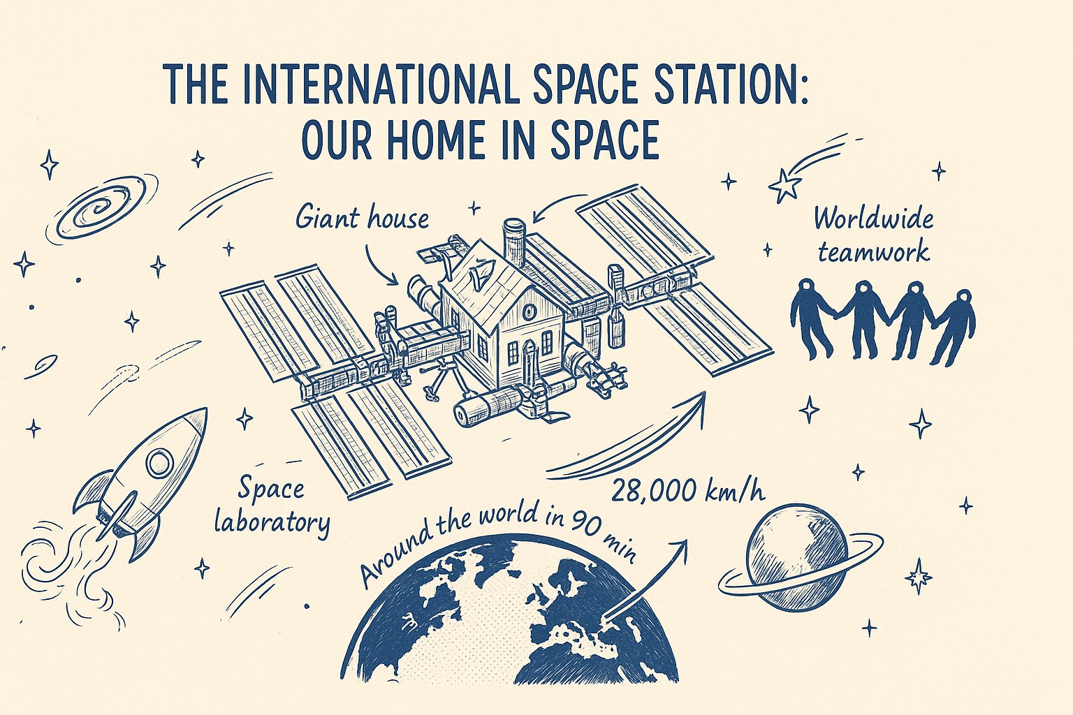 Hand-drawn infographic of the International Space Station orbiting the Earth