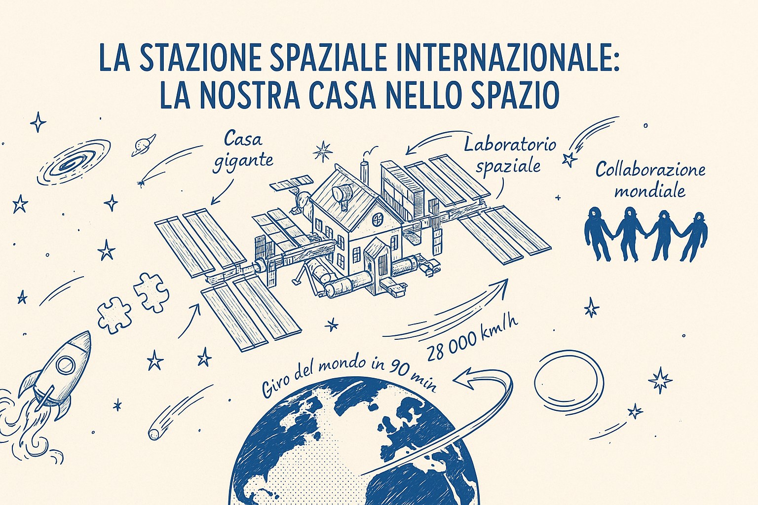 Infografica disegnata a mano della Stazione Spaziale Internazionale in orbita attorno alla Terra