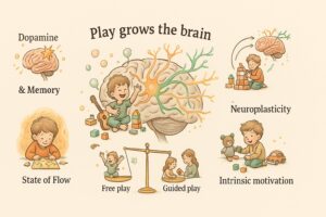 Infographic showing how play grows a child's brain, with labels in English