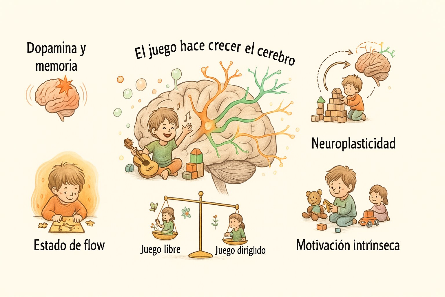 Infografía que muestra cómo el juego hace crecer el cerebro del niño, con etiquetas en español