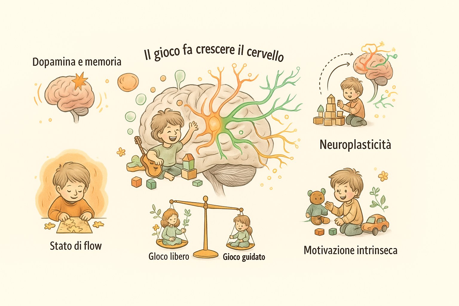 Infografica che mostra come il gioco fa crescere il cervello del bambino, con etichette in italiano