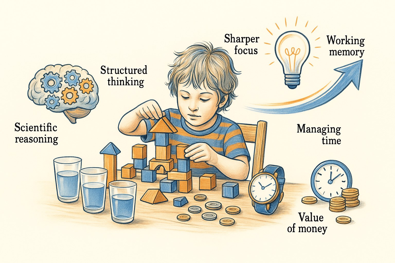 Child aged 6 to 10 building with wooden blocks, with labels for structured thinking, scientific reasoning, focus, working memory, managing time and the value of money, in English
