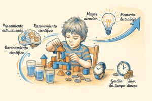 Niño de 6 a 10 años construyendo con bloques de madera, con etiquetas sobre pensamiento estructurado, razonamiento científico, atención, memoria de trabajo, gestión del tiempo y valor del dinero, en español