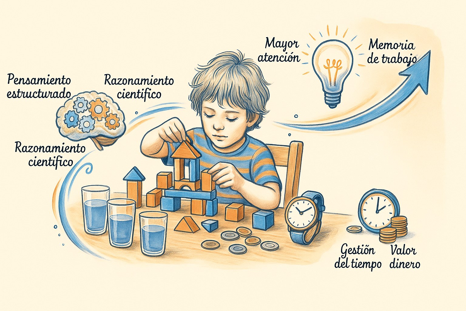 Niño de 6 a 10 años manipulando juegos educativos para desarrollar su lógica