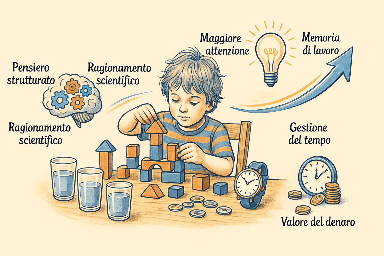 Bambino dai 6 ai 10 anni che usa giochi educativi per sviluppare la sua logica