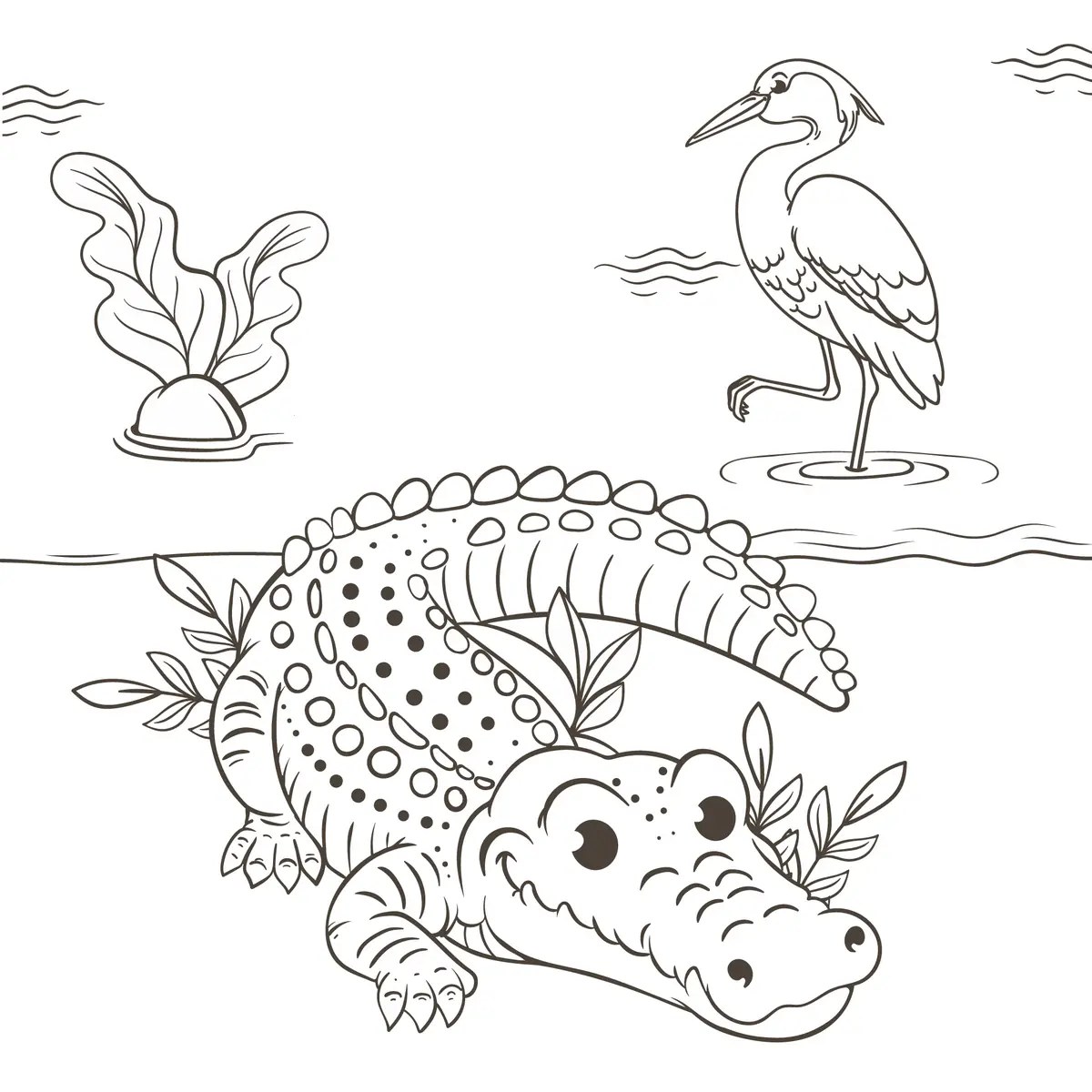 Colouring page of a crocodile and a heron in the jungle river to print