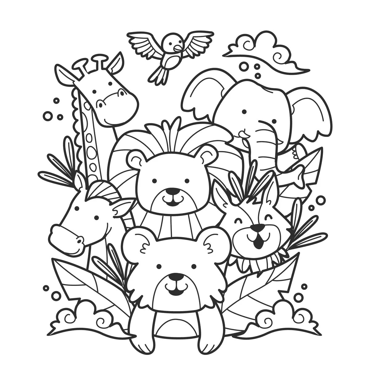 Colouring page of cute jungle animals with a giraffe, bear and elephant to print