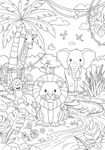 Full jungle scene colouring page with a lion, giraffe, elephant, monkey and crocodile to print