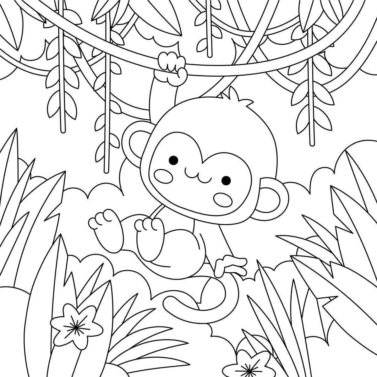 Colouring page of a cute monkey hanging from the jungle vines to print